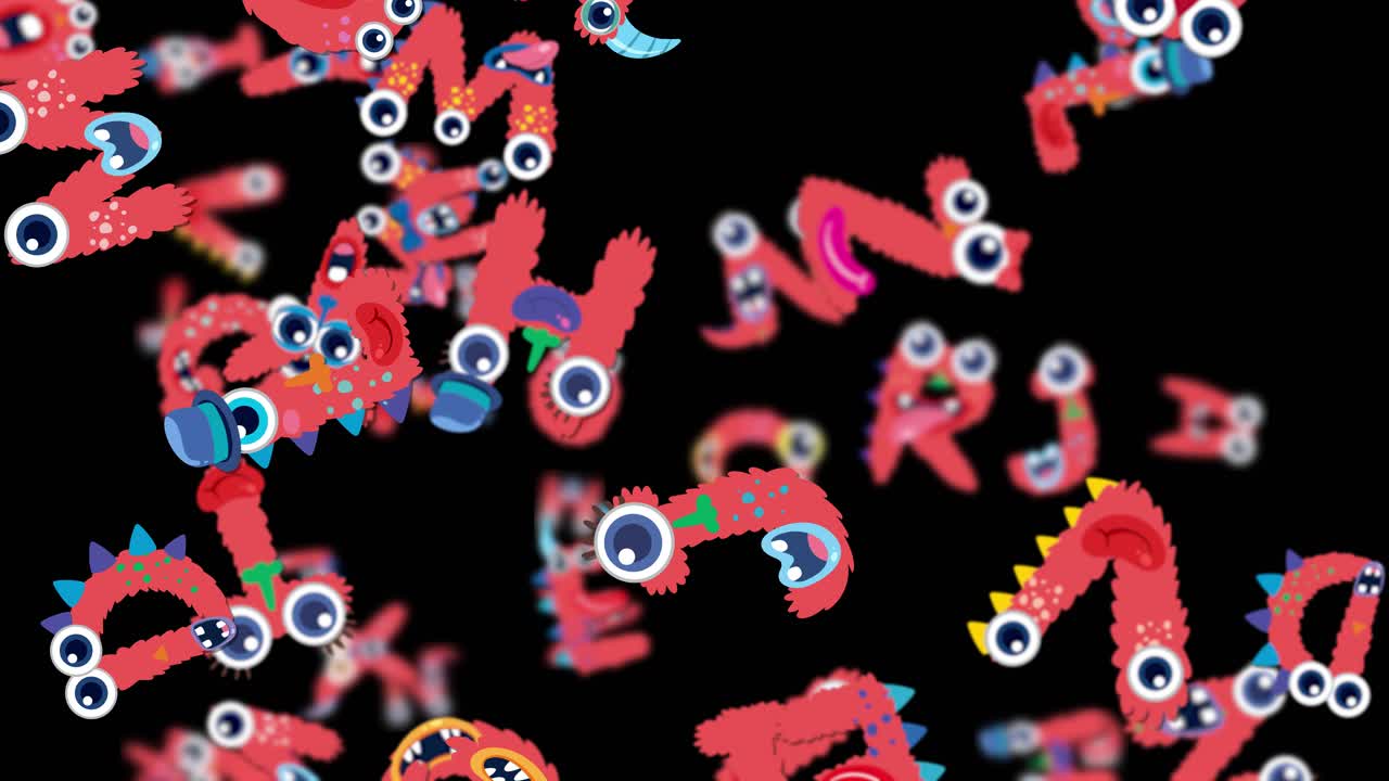 Colorful, fluffy monster letters cascade against a black backdrop, creating a lively and whimsical animation with dynamic movement