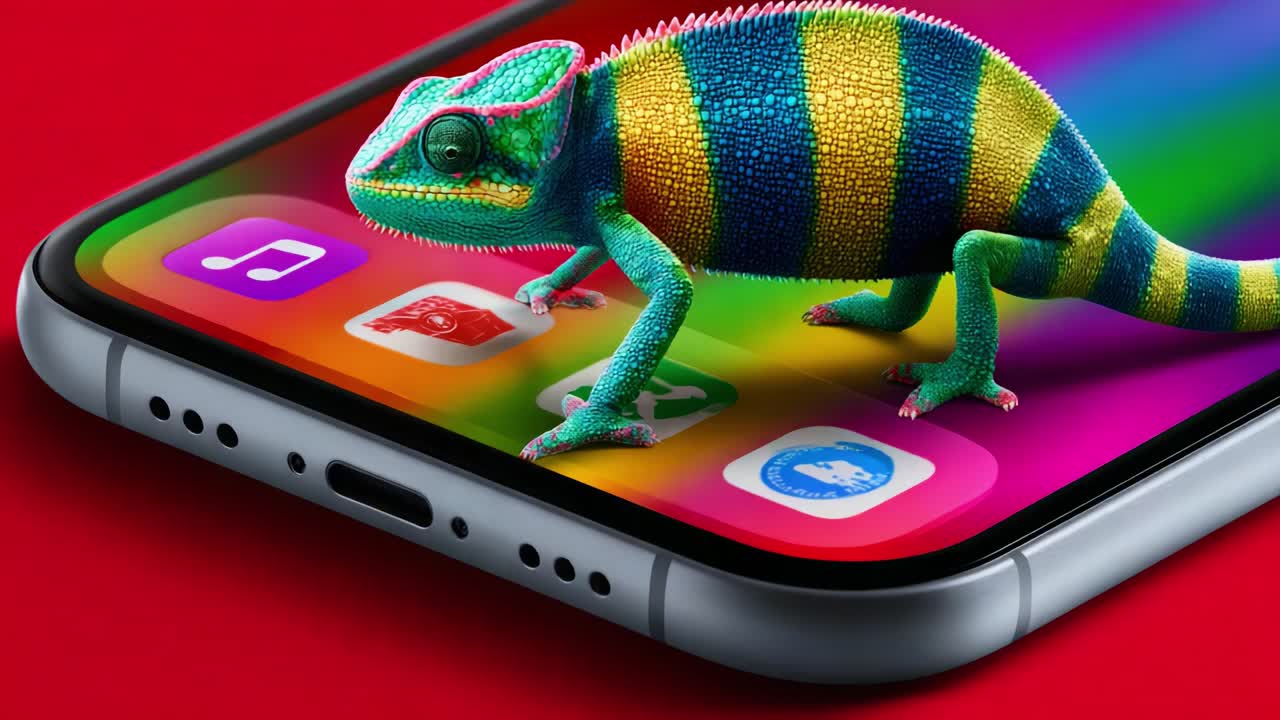 Vibrantly Colored Chameleon on a Smartphone Display, Showcasing Unique Patterns and Textures Almost as If It's Interacting with the Digital World Around It, Blending Nature with Modern Technology