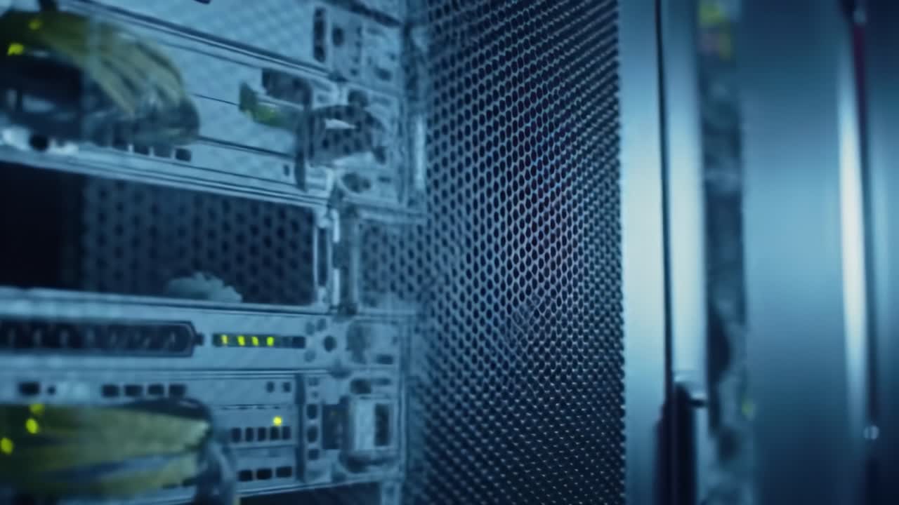 In a data center, servers hum as they process information under dim lighting. Cables and hardware are visible, highlighting the complexity and efficiency of digital operations.