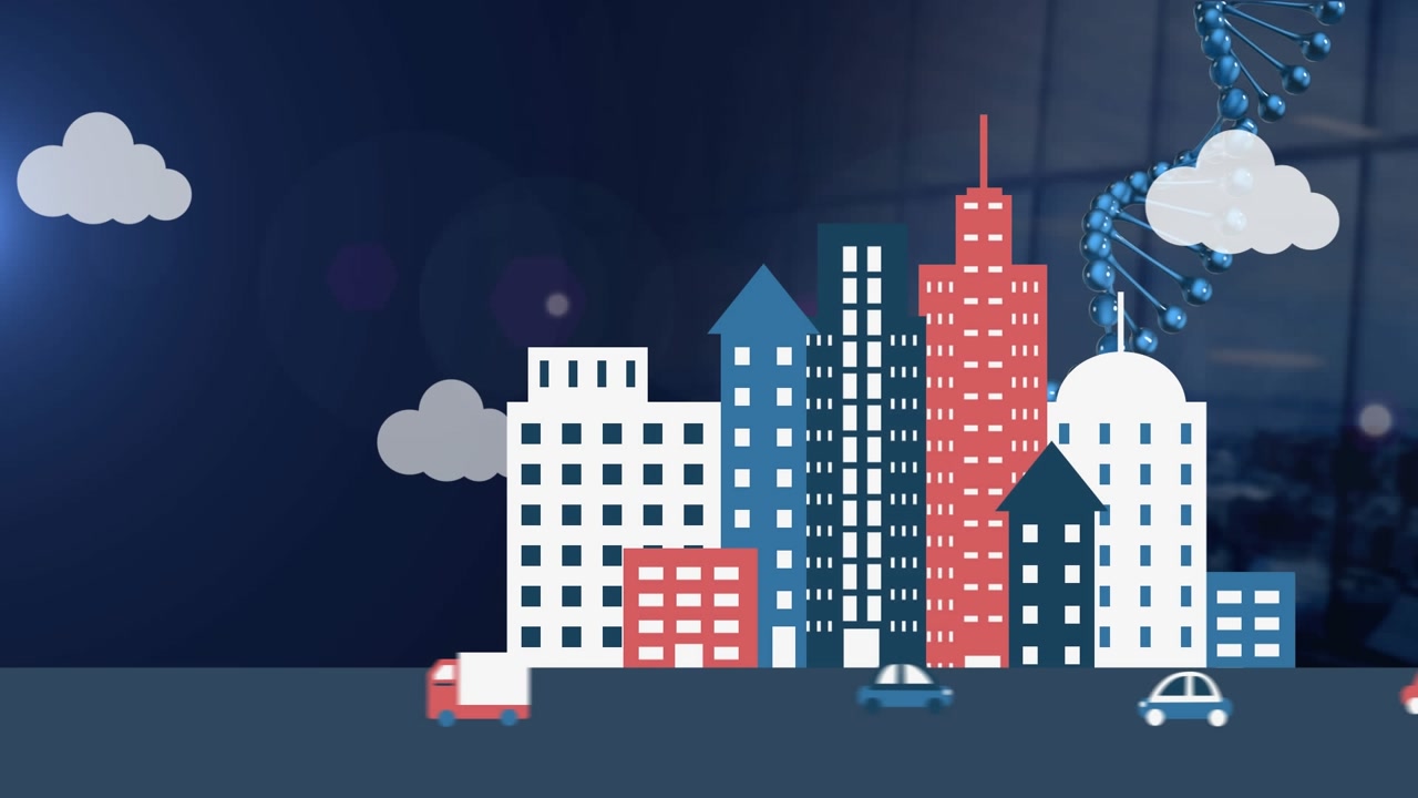 Animation of dna and cartoon city over navy background