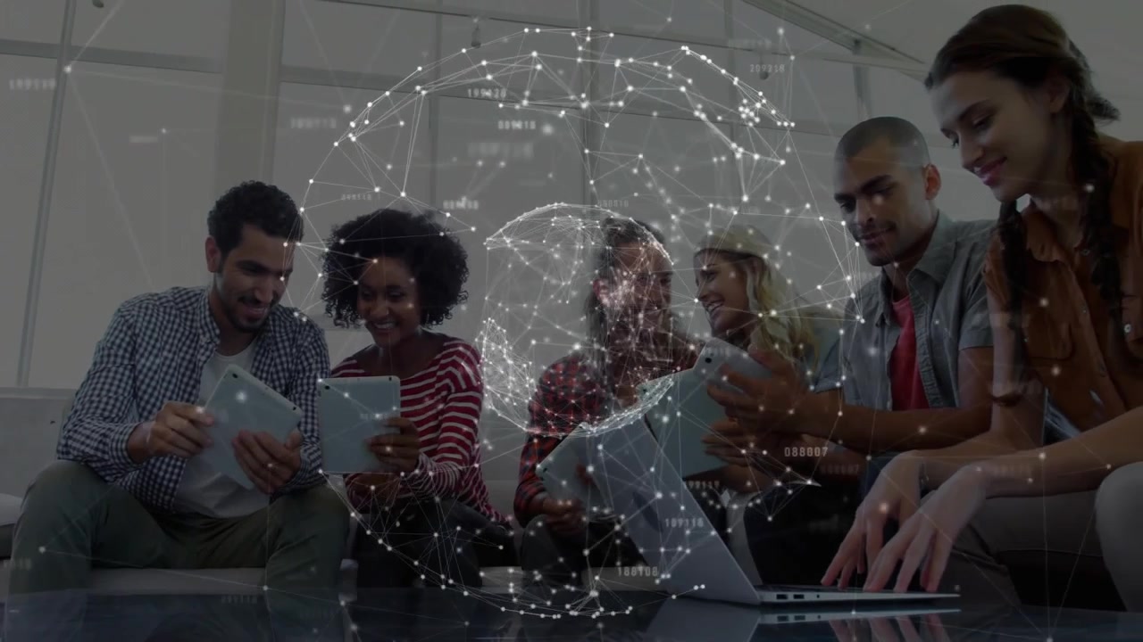 Business colleagues tapping devices visualizing data as pulsing 3D globe drifting across lounge