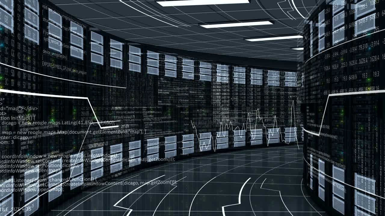 Moving Through the Working Rack Servers in Modern Datacenter. Cloud Computing Data Storage. Complex Calculations. Looped 3d animation. 4k Ultra HD 3840x2160.