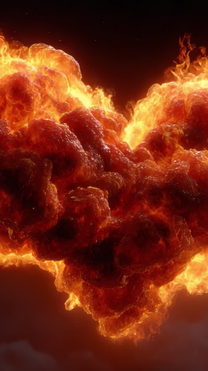 Et intenst visuelt display af flammende flammer, der former en hjertelignende formation mod en mørk baggrund, der fremkalder passion og energi gennem lysende røde og orange toner