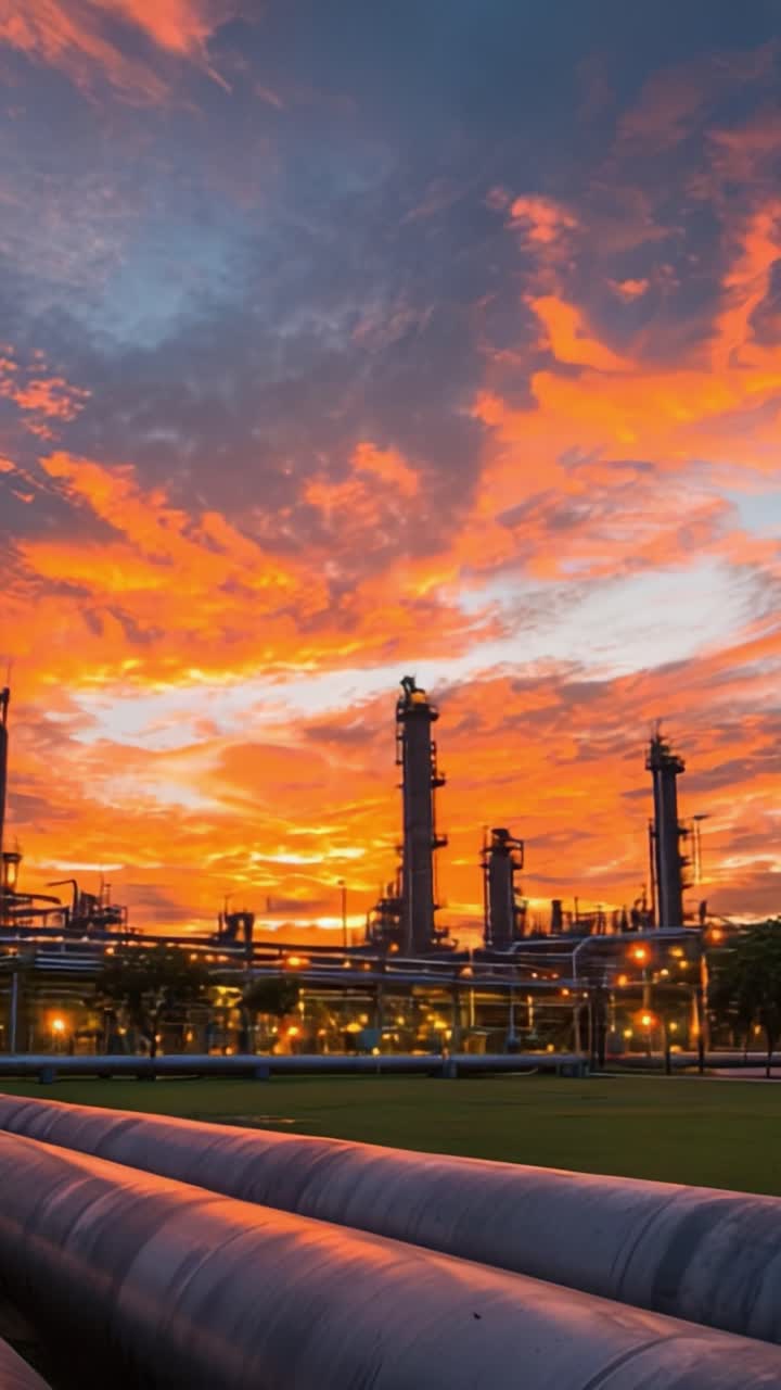 Atardecer dramático sobre un complejo industrial destacando altas torres de gas, cielo colorido con tonos vibrantes de naranja y rosa reflejándose en tuberías, creando una escena atmosférica.