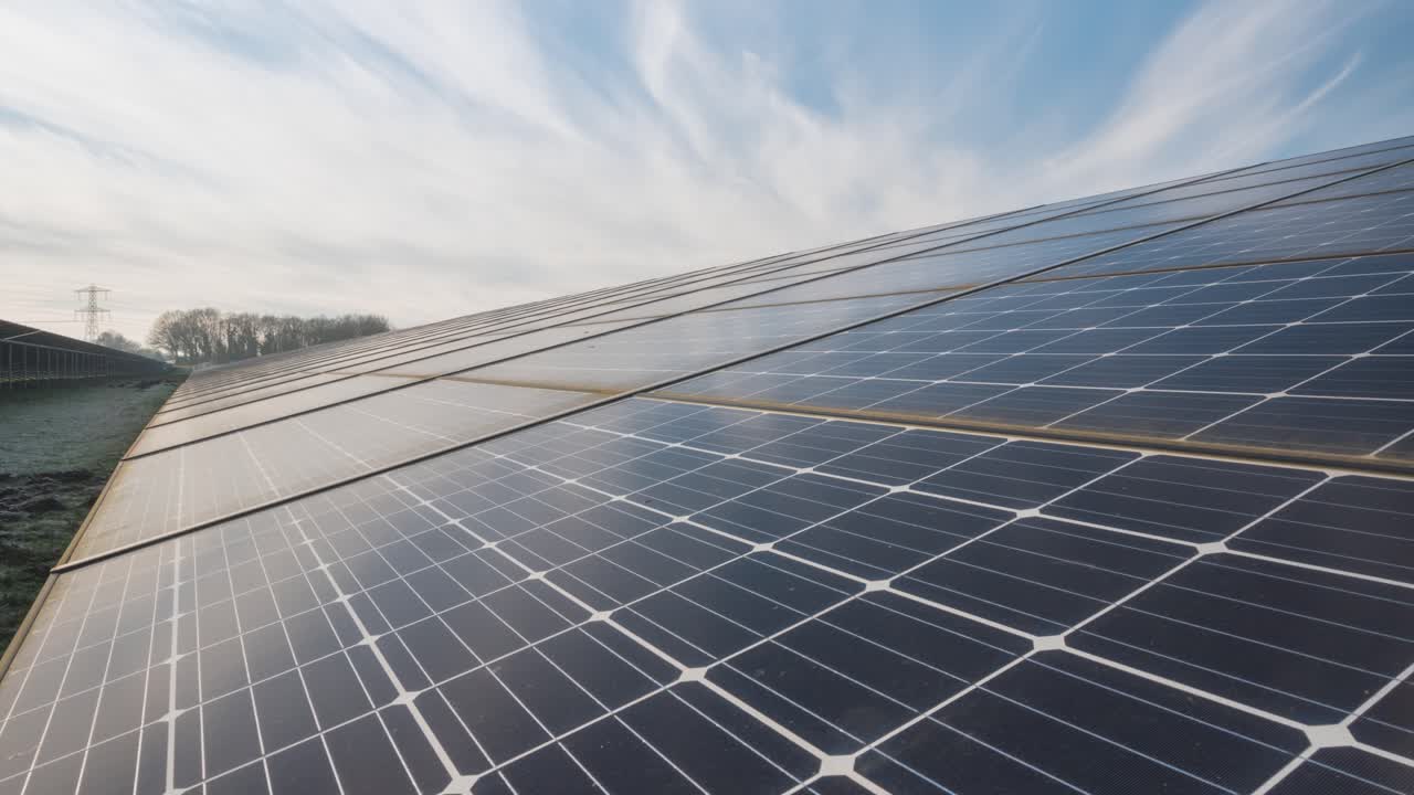 Timelapse di nuvole che si riflettono sui pannelli solari di un impianto fotovoltaico, energia sostenibile