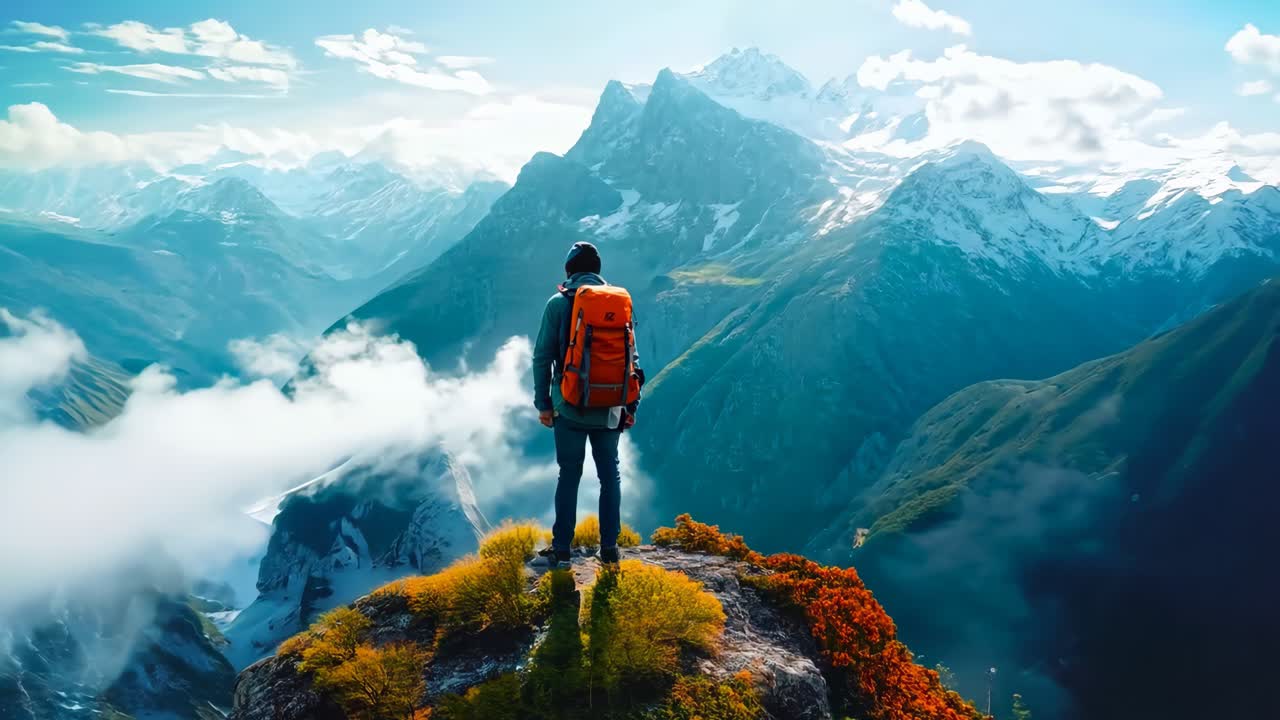 A man standing on top of a mountain with a backpack