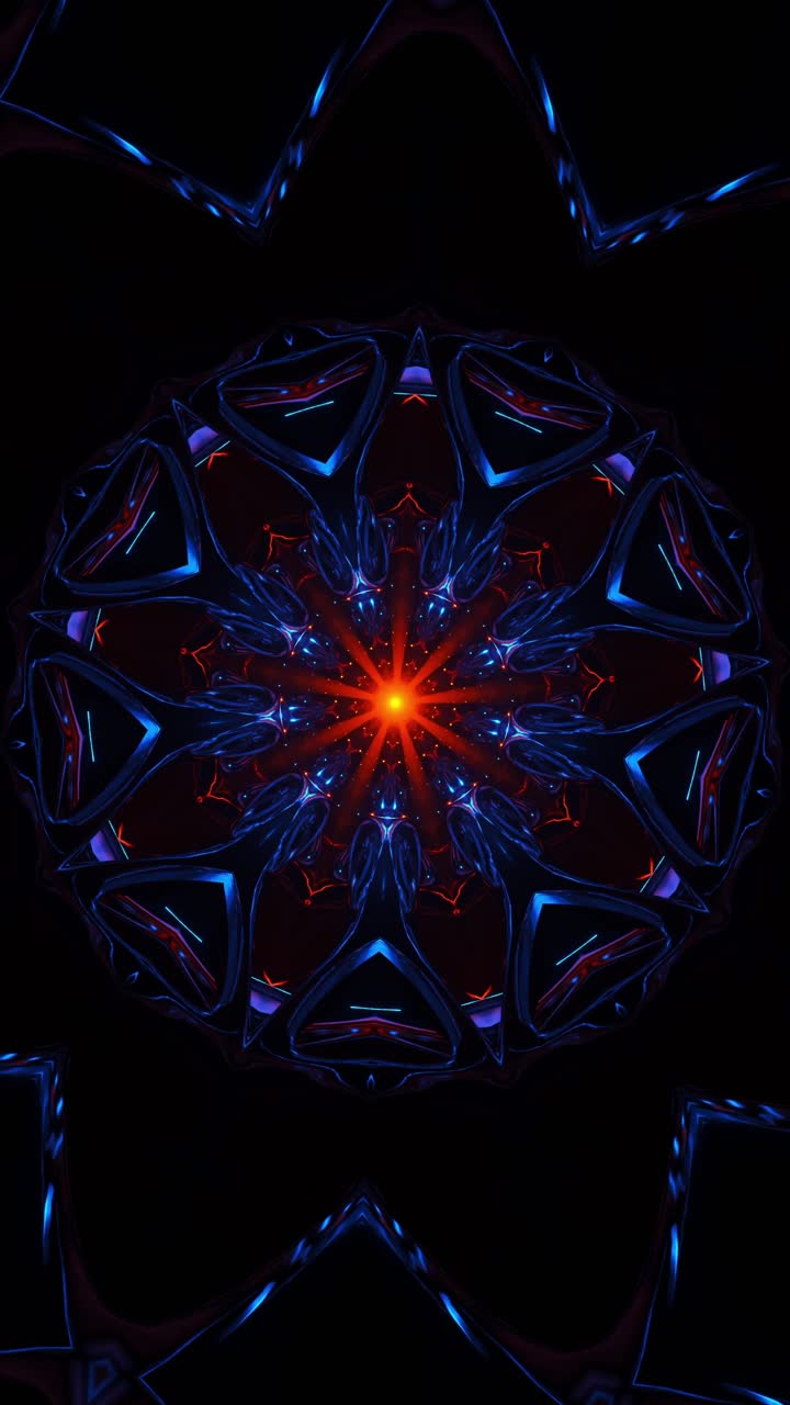Blue and red circular pattern with bright light. Kaleidoscope VJ loop Vertical