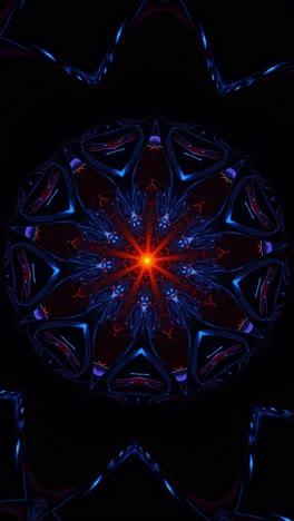 blue and red circular pattern with bright light. kaleidoscope vj loop vertical