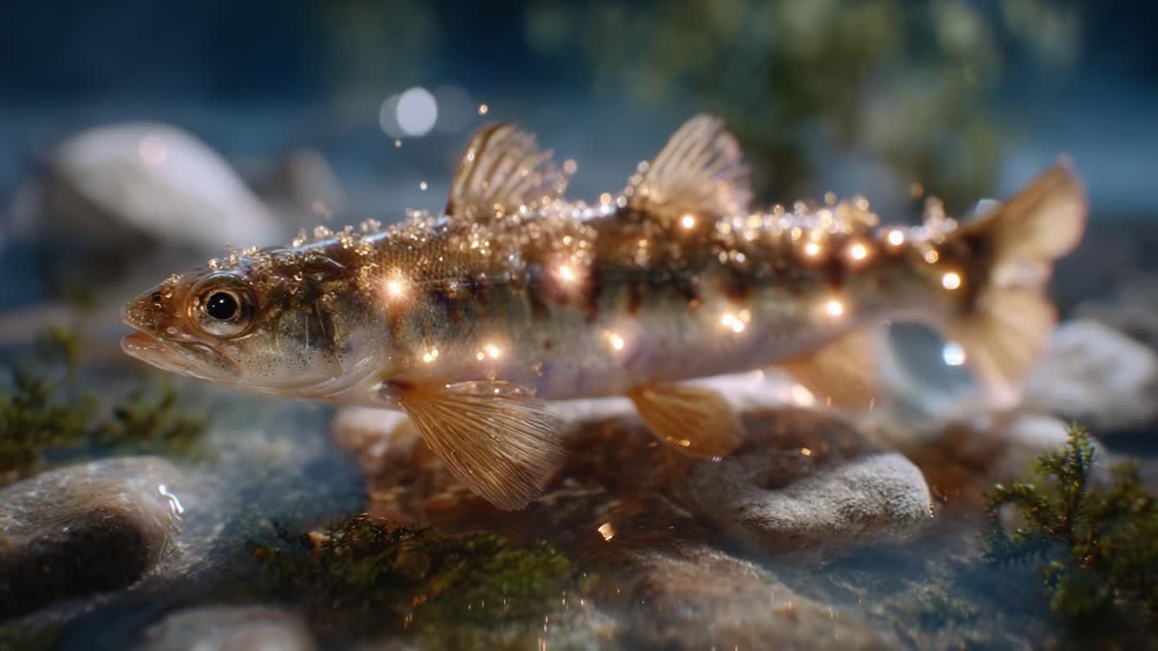 A Glimmering Fish Swims Gracefully Through Crystal-Clear Water Surrounded by Natural Beauty, Highlighting the Intricate Details of Its Scales and Environment