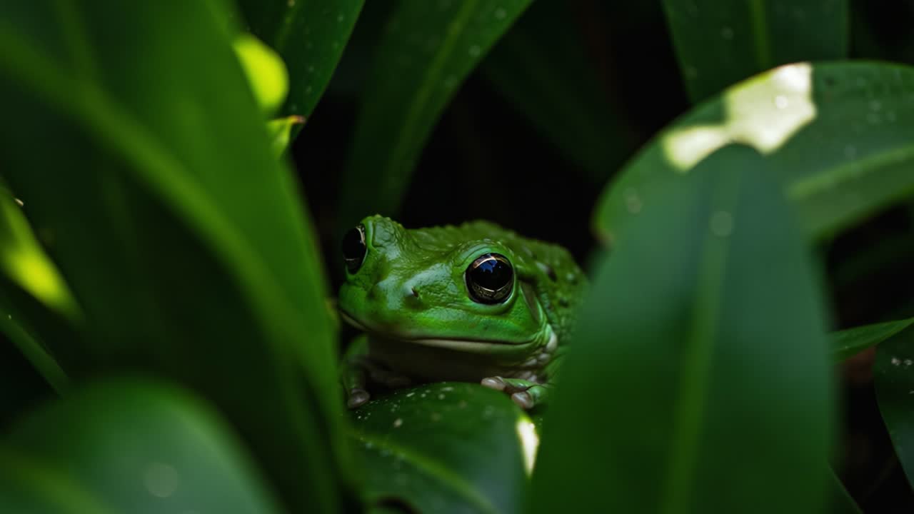 A Close-Up View of a Vibrant Green Frog Camouflaged Within Lush Green Leaves, Highlighting Nature's Amazing Adaptations and Beauty in Its Natural Habitat