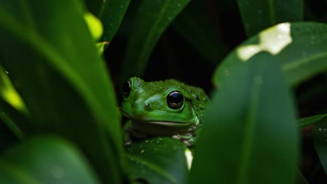 a close-up view of a vibrant green frog camouflaged within lush green leaves, highlighting nature's amazing adaptations and beauty in its natural habitat