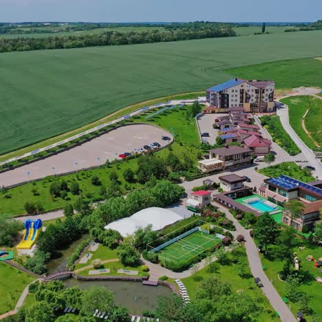 modern complex for rest. recreation area on beautiful nature background. panoramic view of outdoor park to relax for summer vacation. aerial view.