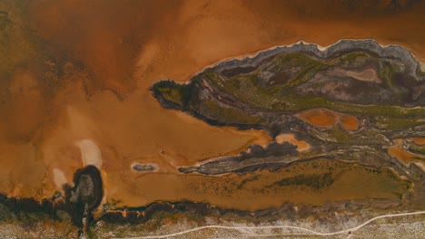 vista aérea de un pantano salado colorido o lecho de un lago secado