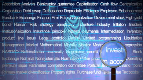 magnifying glass highlighting fingerprint over financial and legal terms animation