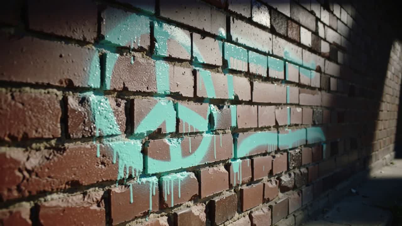 Luz solar aparece, movendo a câmera para a direita ao longo de um corredor de tijolos, revelando um símbolo verde-azulado e gotejamentos.
