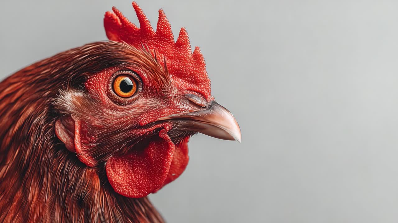 Impresionante primer plano de un majestuoso gallo que exhibe sus brillantes plumas y sus llamativos rasgos sobre un suave fondo gris.