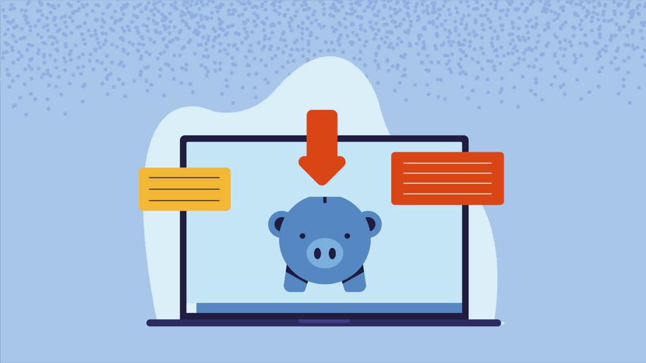 노트북 컴퓨터와 돼지 저축 애니메이션