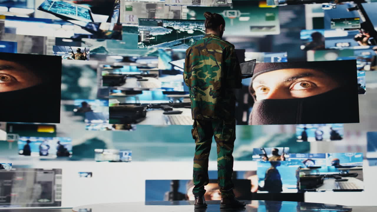 Armed forces soldier gathers surveillance from digital drone systems