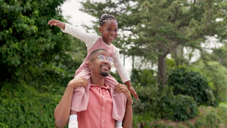 Happy-father,-kid-and-piggyback-outdoor-at-park