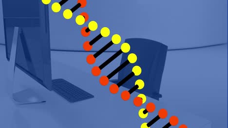 animación de la estructura del adn girando contra la oficina vacía.
