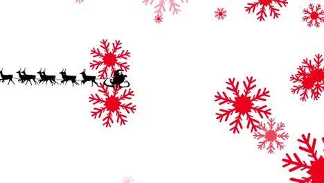 Animation-of-santa-claus-in-sleigh-with-reindeer-over-snowflakes-on-white-background
