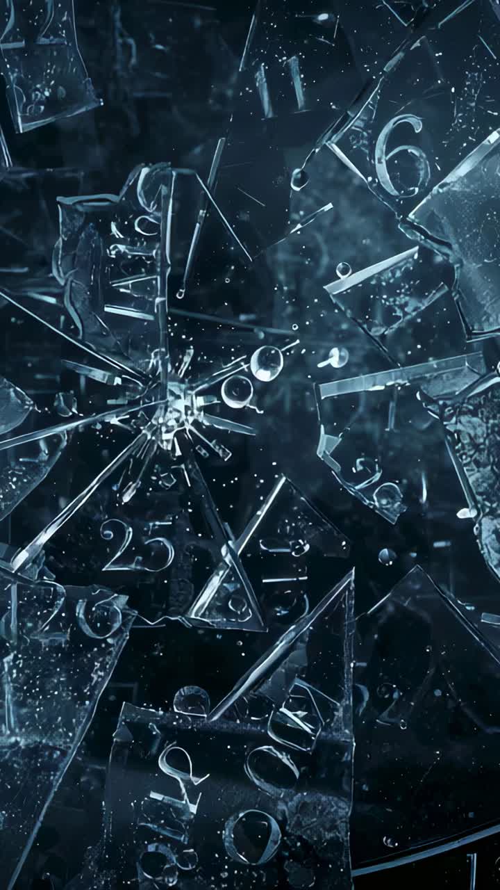 Video verticale: frammenti numerici incisi che si frantumano rapidamente proiettandosi verso l'esterno nel vuoto oscuro con goccioline