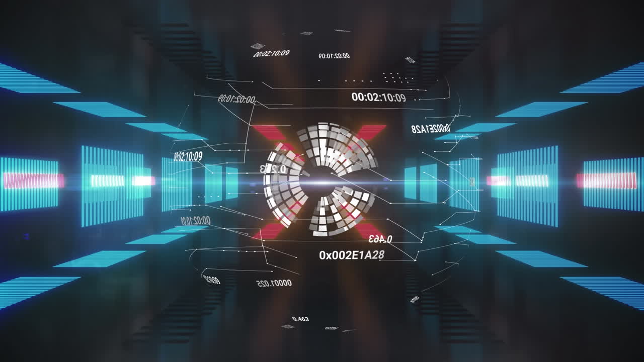 Animation of globe with connections and numbers with blue screens on black background