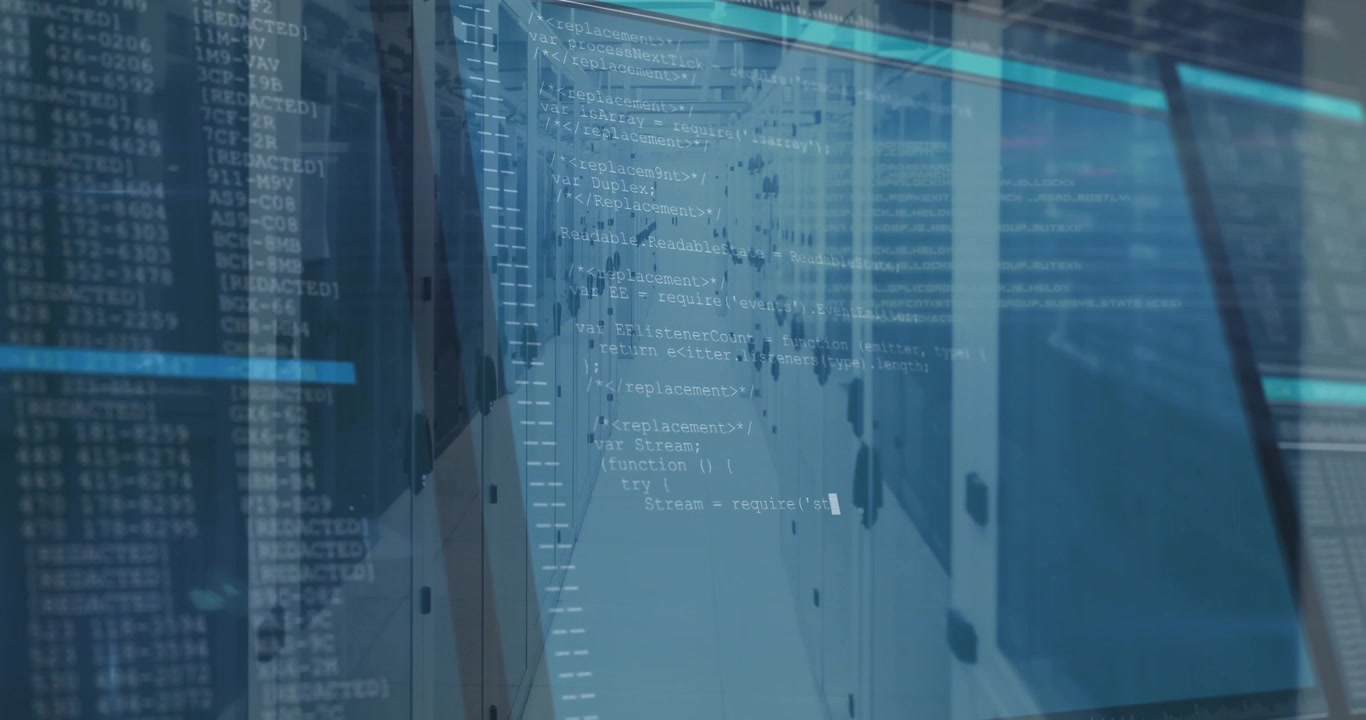Glowing scan line initiating code columns sliding, map forming on server corridor showing data flow