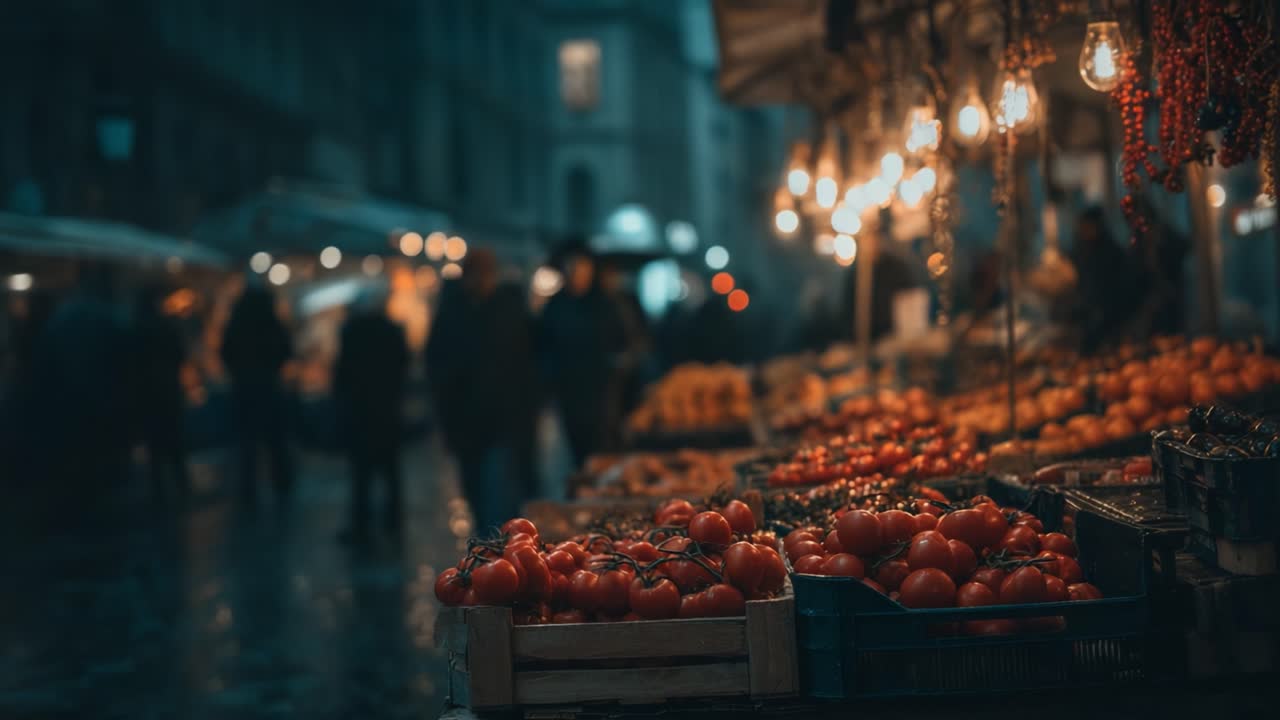 An Enchanting Evening Market Scene Filled with Fresh Produce and Glowing Lanterns Amidst the Buzz of Shoppers and the Soft Fall of Rain