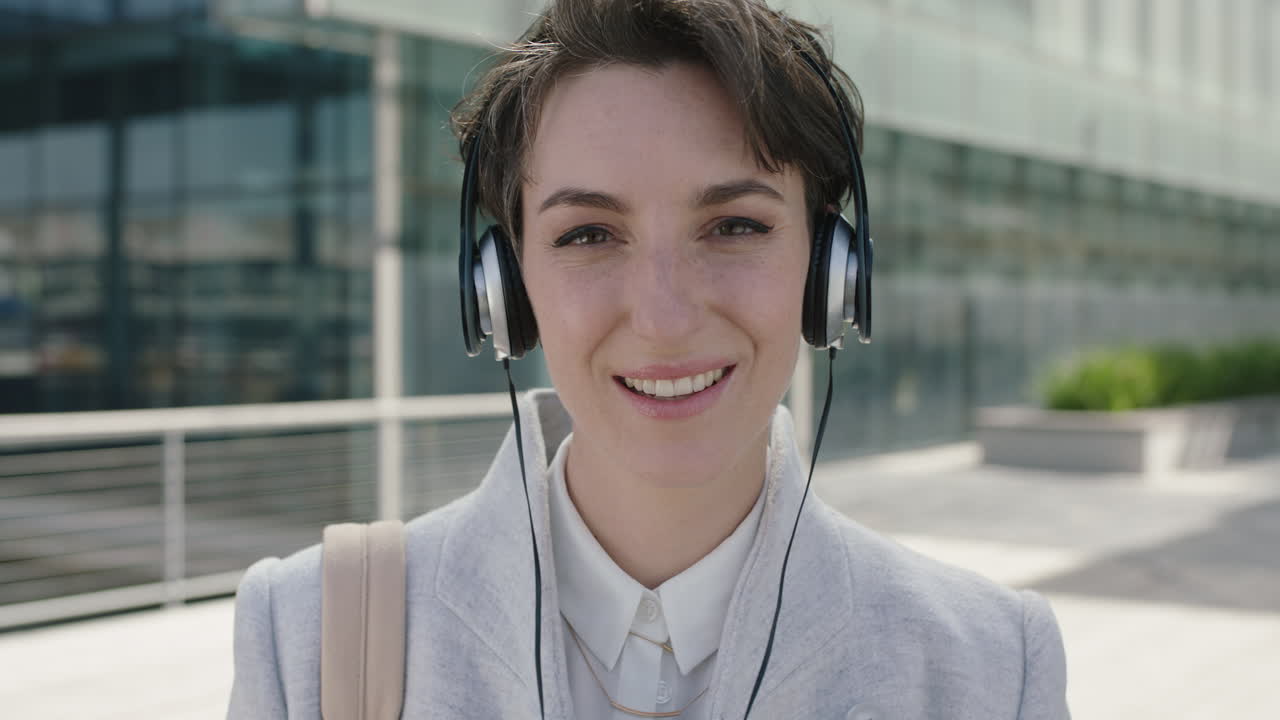 친절한 젊은 사업가 여성 경영자의 초상화 미소 행복한 음악을 듣고 헤드폰을 착용 도시에서 새로운 기업 경력을 즐기고