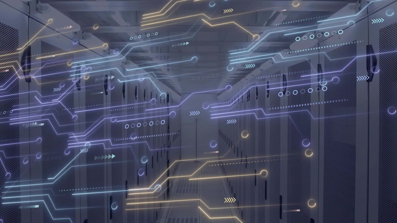 Animation of circuit board and digital data processing over computer servers