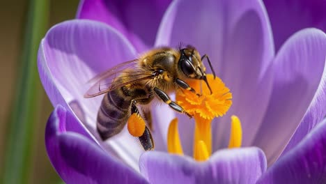 A Close-Up View of a Honeybee Pollinating a Vibrant Purple Crocus Flower, Capturing the Beauty and Intricacies of Nature&#039;s Ecosystem and Pollination Process