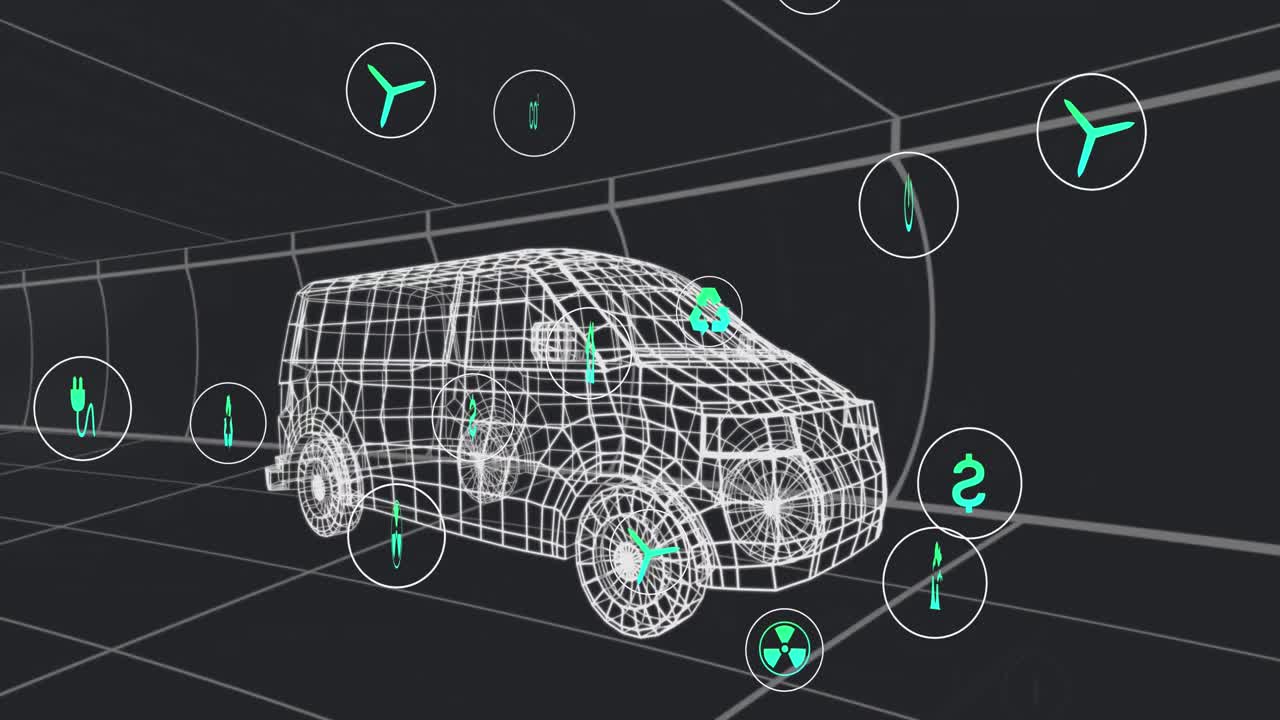 검은색 배경에 원활한 패턴으로 움직이는 3d 밴 모델 위의 여러 디지털 아이콘의 애니메이션