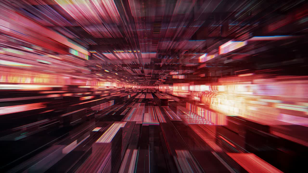 Driving camera pushing forward through data tunnel to show speed, with glowing prisms and streaks