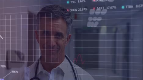 Animación-De-Datos-Financieros-Y-Gráficos-Sobre-Un-Feliz-Médico-Senior-Caucásico