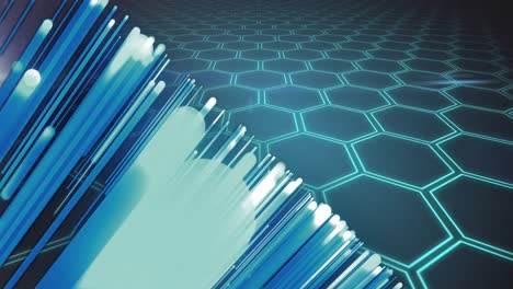 animación de líneas azules sobre un fondo hexagonal verde