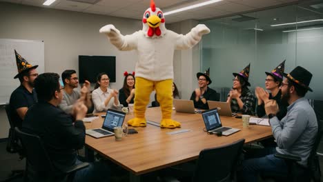 team celebrates in style as a cheery chicken mascot steals the show during a fun-filled meeting, enhancing morale and encouraging enthusiasm among coworkers