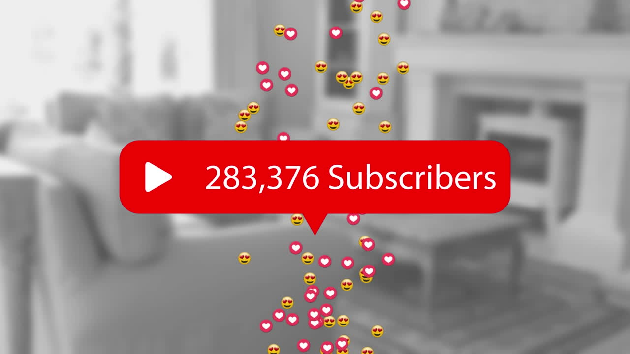 Animation of subscribers growing number with emoji icons over living room interior