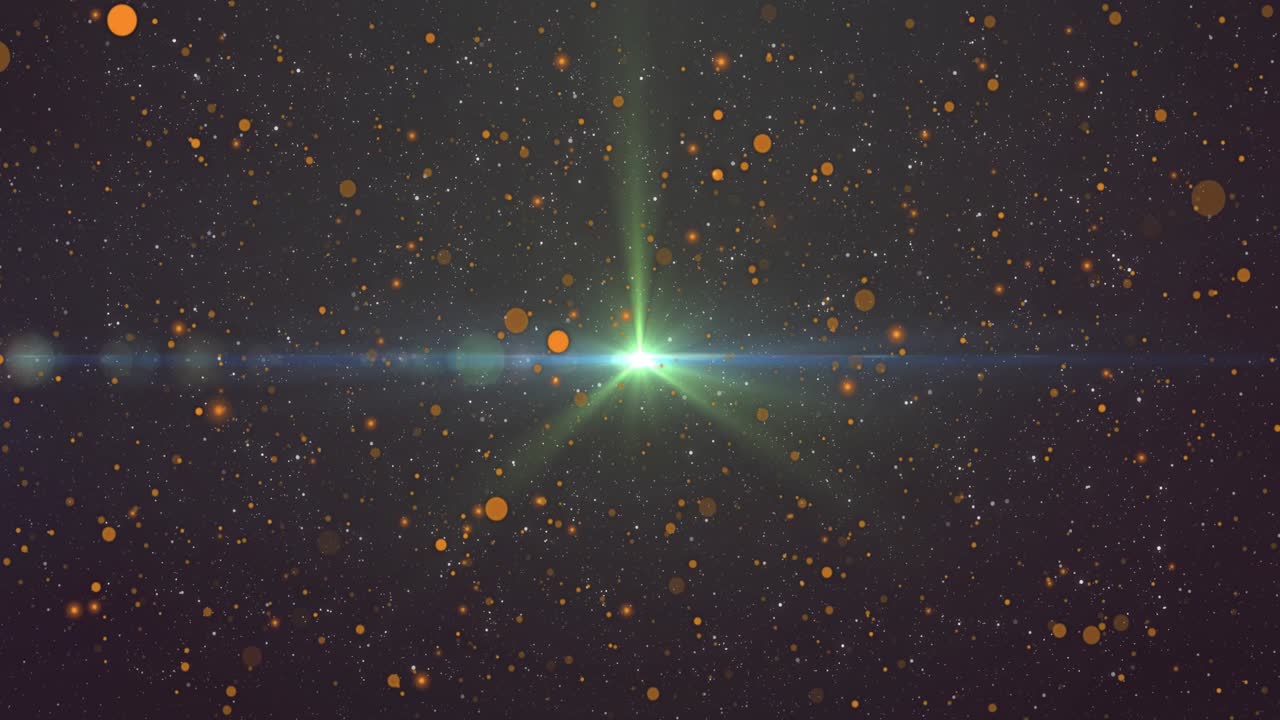 Il nucleo si illumina, inviando picchi e un raggio verde, creando un bagliore blu crescente con un bokeh ambrato per un effetto lens flare.