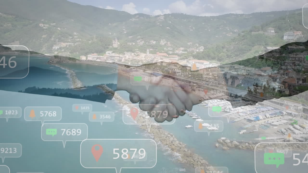 비즈니스맨과 비즈니스맨이 손을 흔들고 있는 중간 섹션 위에 증가하는 숫자를 가진 디지털 아이콘