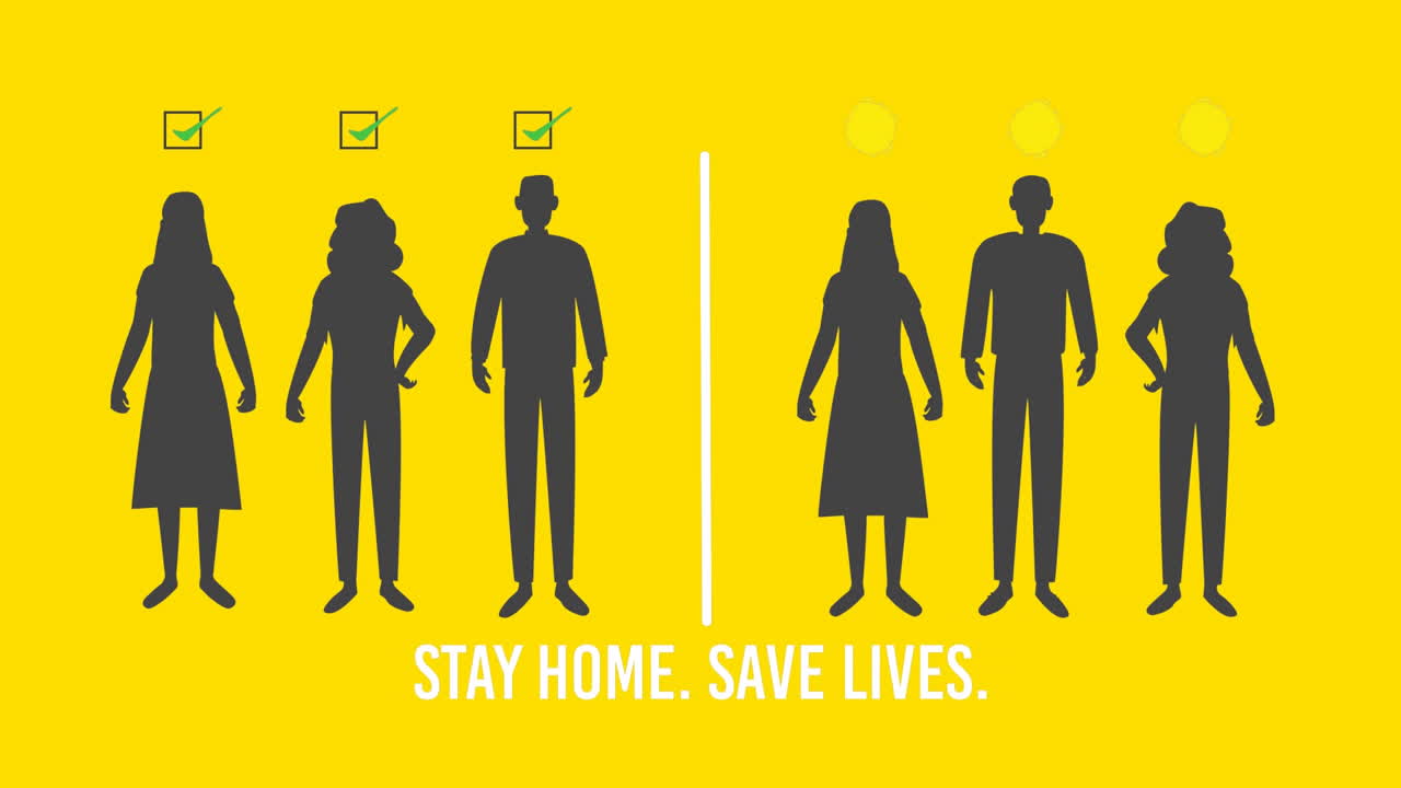 Animation depicts virus spread with figures, yellow circles, and green ticks on a yellow background.