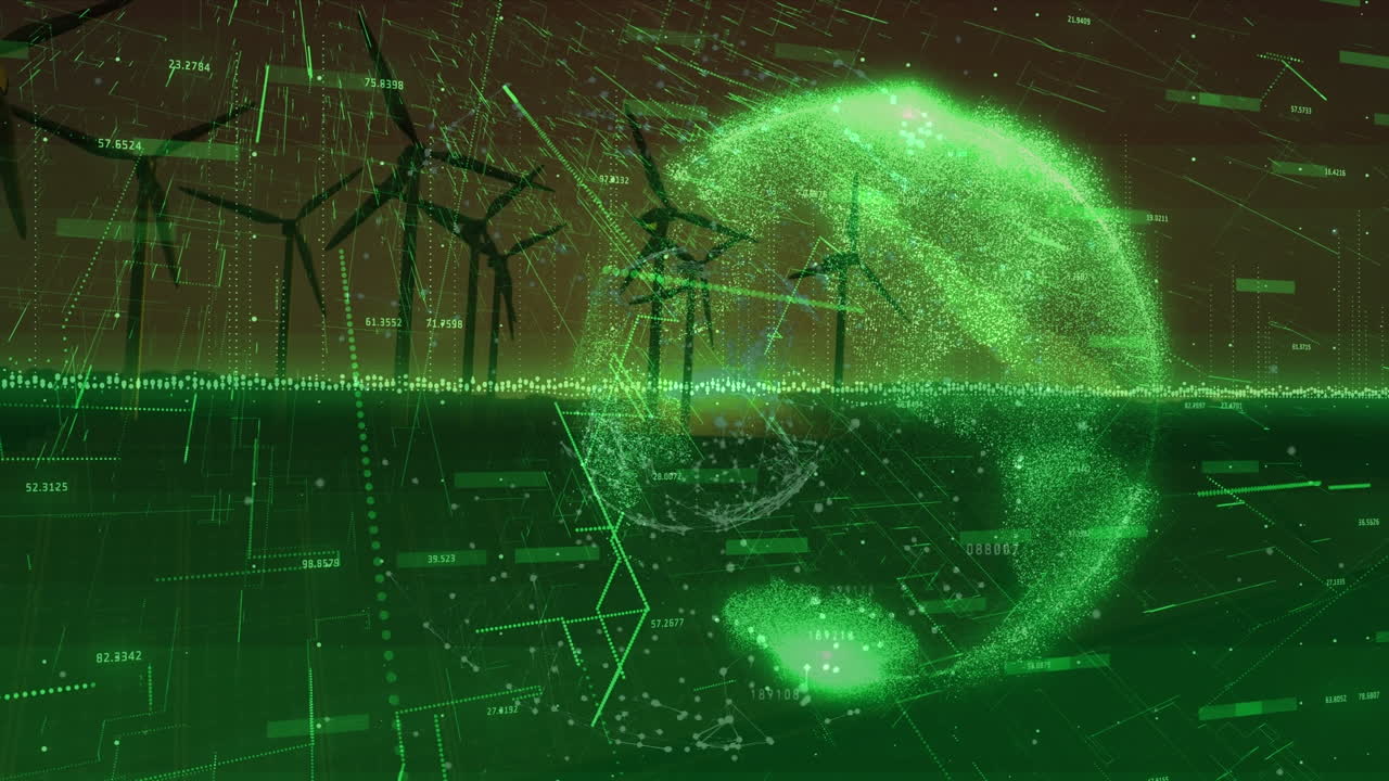 지구와 풍력 터빈에 대한 데이터 처리의 애니메이션