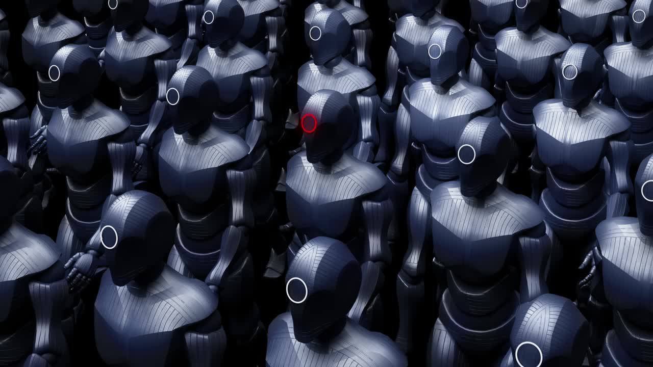 el ejército de robots cyborg súper poderosos marcha lentamente, listo para la guerra.