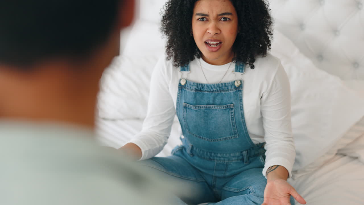 Bedroom, stress and couple fight with phone