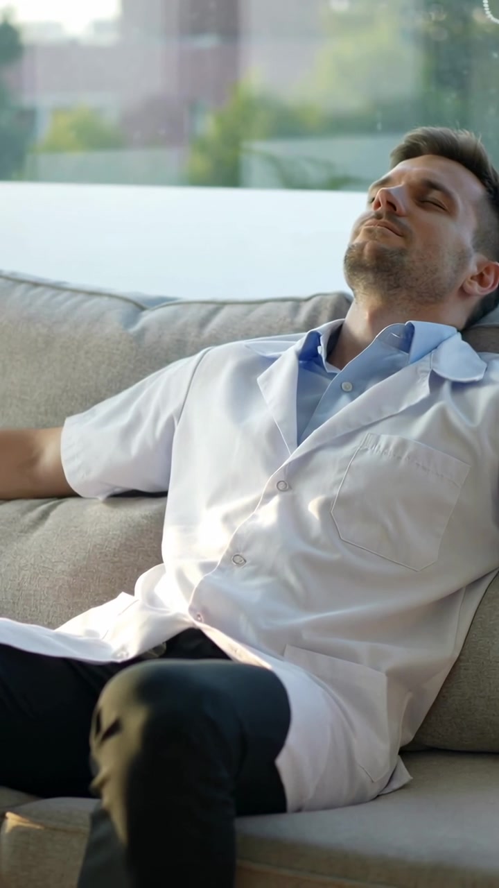 Video verticale: Uomo in camice bianco appoggiato all'indietro che si prende una pausa su un divano chiaro vicino a una grande finestra