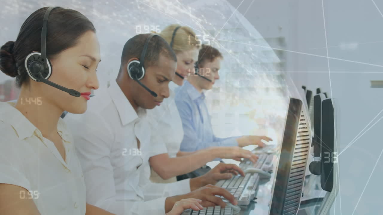 전화 헤드 ⁇ 을 사용하는 다양한 비즈니스 사람들에 대한 연결 및 번호 네트워크의 애니메이션