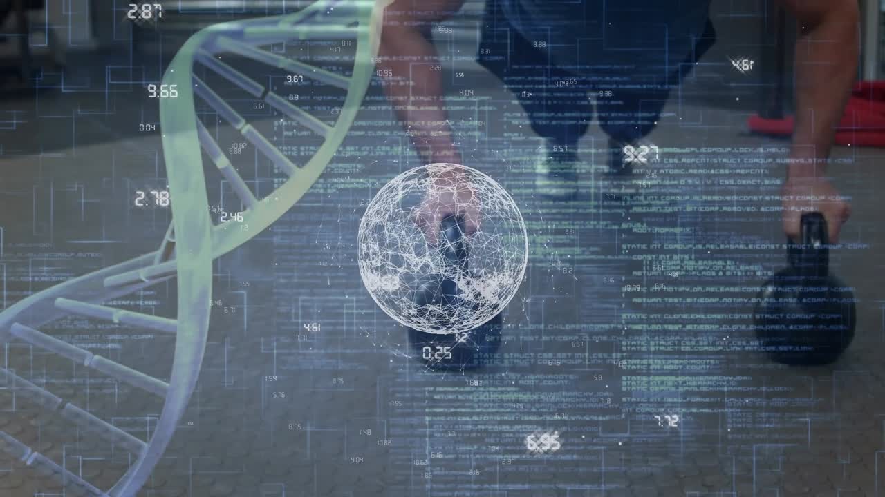 Animation of spinning dna structures and globe over caucasian fit man working out at the gym