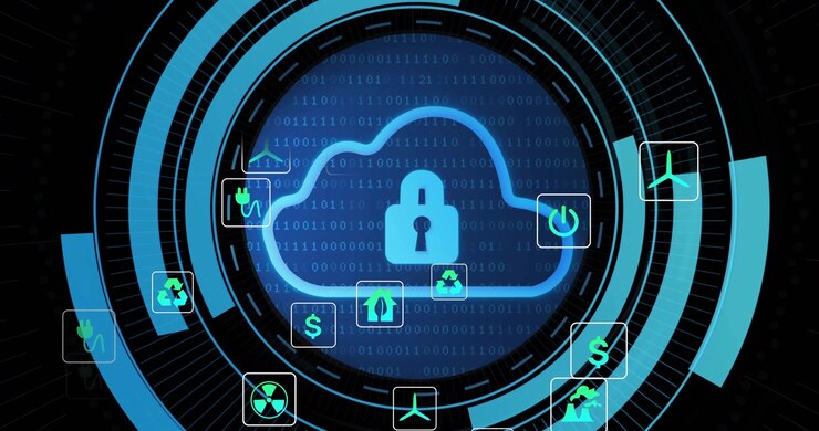 Dotted arc appearing, rings moving, cloud showing padlock, icons moving inward, signaling security