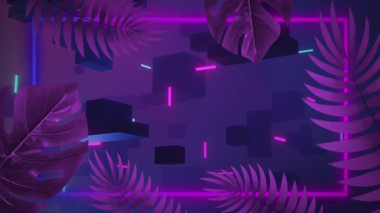 잎과 보라색 배경을 가진 3d 큐브의 애니메이션