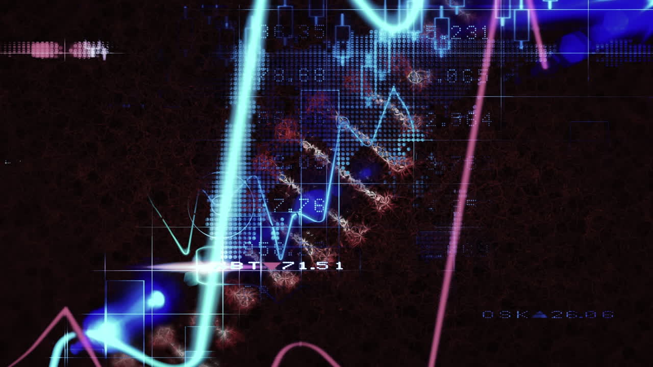 animación de la estructura del adn girando y procesamiento de datos financieros contra fondo negro